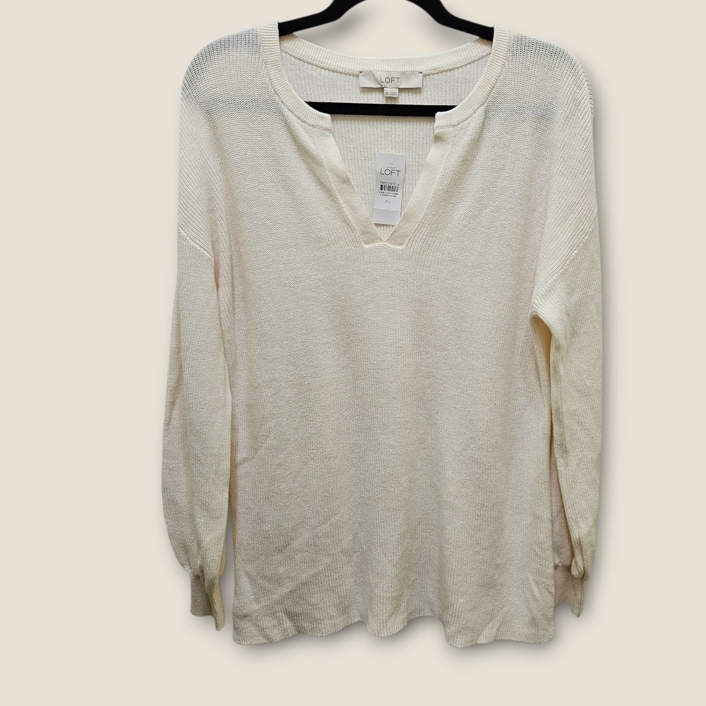 LOFT Women's XS Cream Cotton Blend Long Sleeve V Neck Knit Sweater Top New